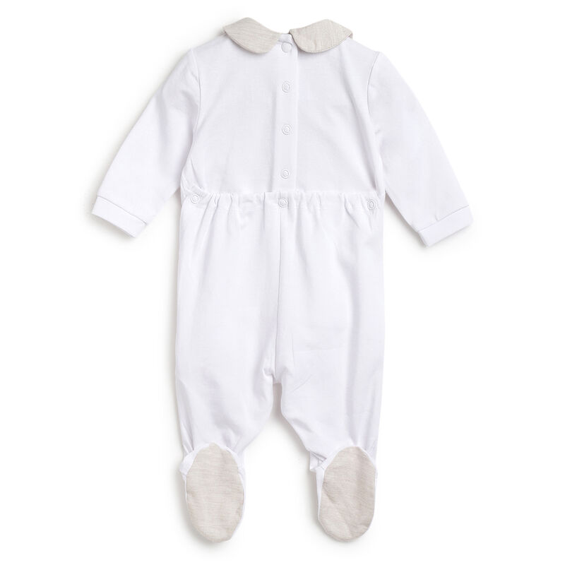 Boys White Applique Nappy Opening Babysuit image number 1